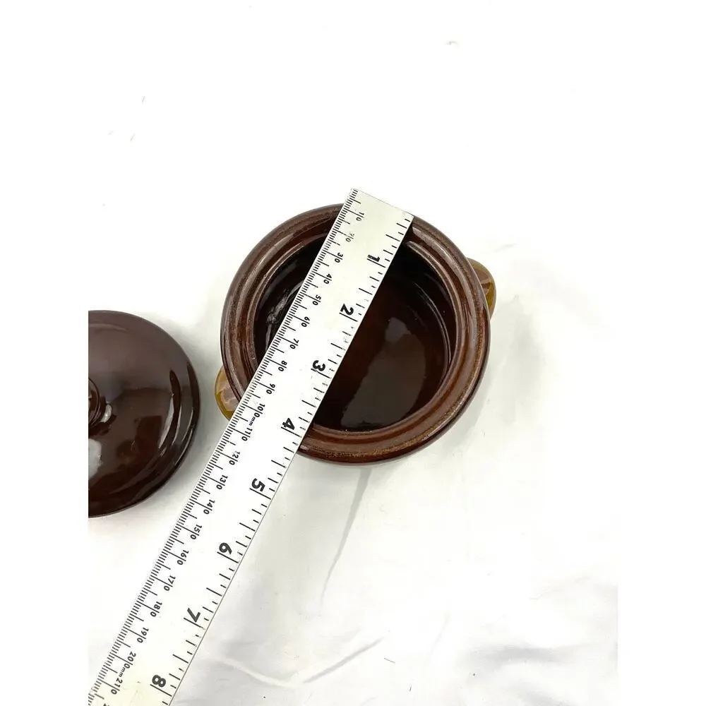 VTG Stoneware Pottery Bean Pot Double‎ Handled Brown 3 Tones Small